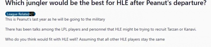 【蜗牛电竞】外网议明年谁会去韩华打野:Tarzan是最好的选择 但最有可能的是Kanavi