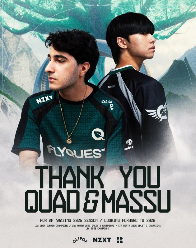 【蜗牛电竞】FLY官宣:中单选手Quad、AD选手Massu正式离队