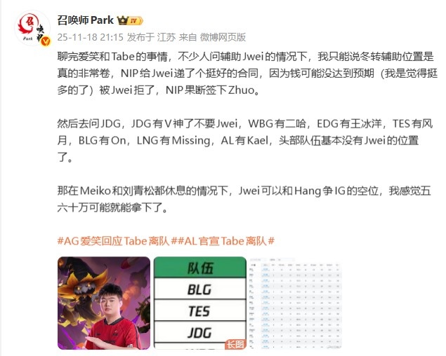 【蜗牛电竞】爆料人:Jwei拒绝了NIP的合同 头部队伍只有iG有Jwei的位置了