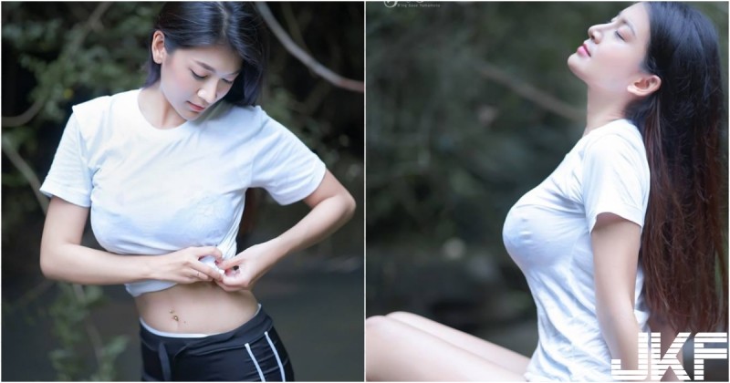 【蜗牛电竞】「巨乳妹子」河邊玩耍，白上衣沾濕露出「渾圓形狀」！