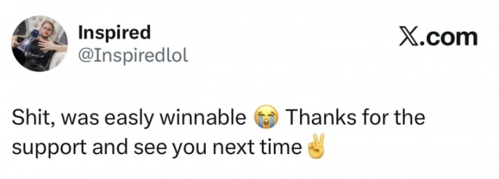 【蜗牛电竞】你还委屈上了?Inspired更新社媒:可恶,本来可以赢的,下次见