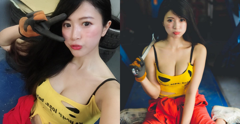 【蜗牛电竞】甜美可愛「黑手正妹」不會修車只會賣萌！爆乳身材太性感讓人無法招架！